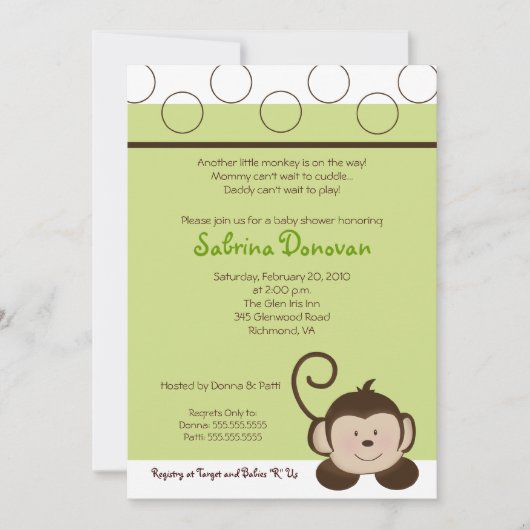 POP MONKEY 5x7 Groen neutraal BABY SHOWER Kaart (Voorkant)