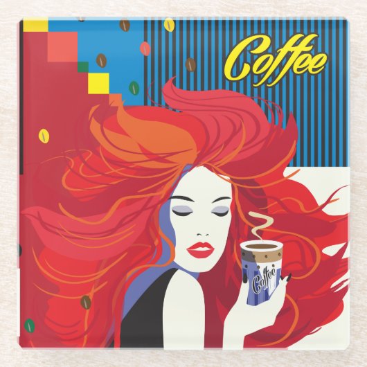 pop "Mooie Mode vrouw met koffiebeker" Art Glazen Onderzetter (Voorkant)