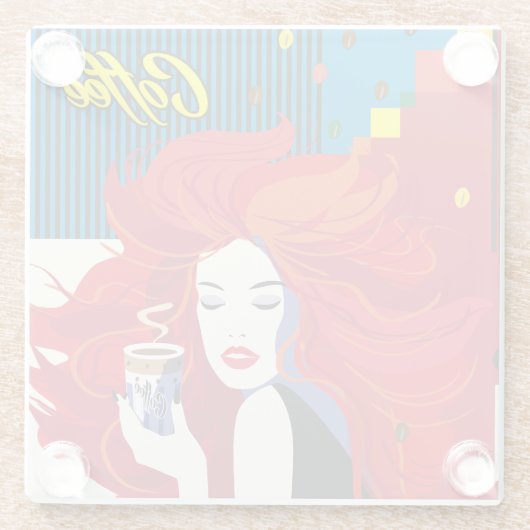 pop "Mooie Mode vrouw met koffiebeker" Art Glazen Onderzetter (Achterkant)