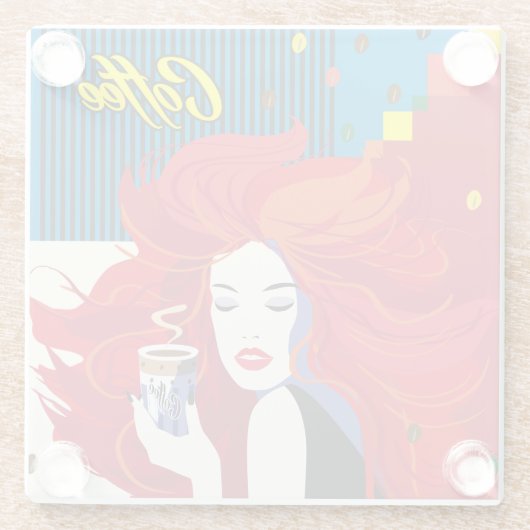 pop "Mooie Mode vrouw met koffiebeker" Art Glazen Onderzetter (Achterkant)