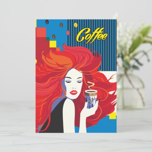 pop "Mooie Mode vrouw met koffiebeker" Art Kaart (Staand voorkant)