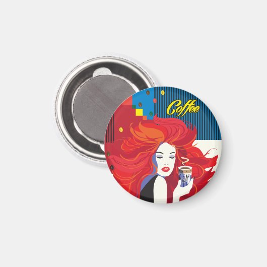 pop "Mooie Mode vrouw met koffiebeker" Art Magneet (Voorkant / Achterkant)
