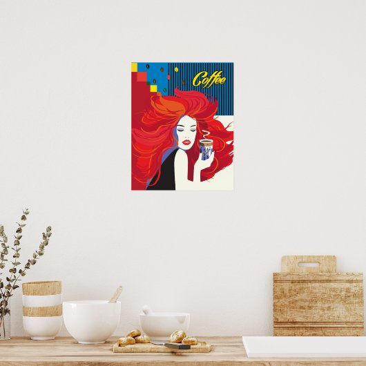 pop "Mooie Mode vrouw met koffiebeker" Art Poster (Keuken)