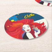 pop "Mooie Mode vrouw met koffiebeker" Art Ronde Kartonnen Onderzetter (Gebogen)
