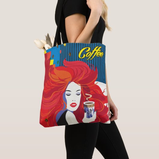 pop "Mooie Mode vrouw met koffiebeker" Art Tote Bag (Dichtbij)