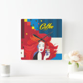 pop "Mooie Mode vrouw met koffiebeker" Art Vierkante Klok (Huis)