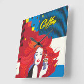 pop "Mooie Mode vrouw met koffiebeker" Art Vierkante Klok (Hoek)