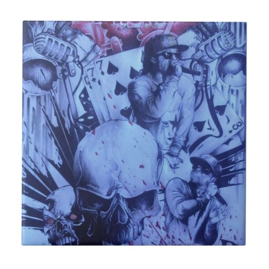 Pop Muzikanten Blauwe Paarse Art Print Tegeltje (Voorkant)