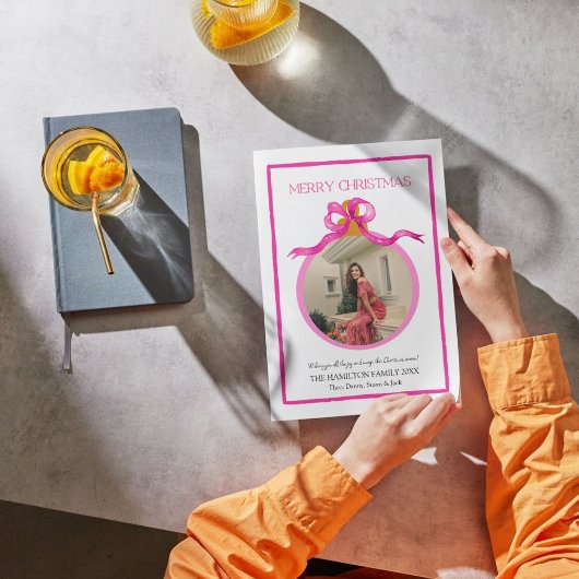 Pop of Pink Bow Coquette Christmas Photo Card Feestdagenkaart
