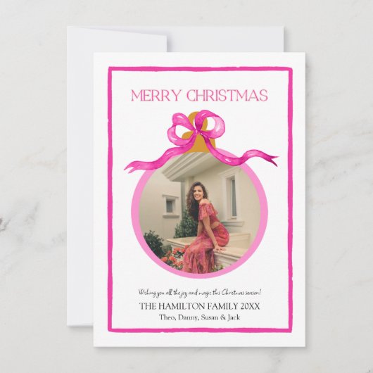 Pop of Pink Bow Coquette Christmas Photo Card Feestdagenkaart (Voorkant)