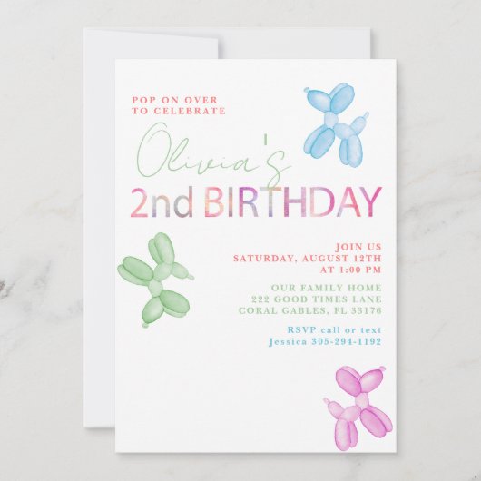 Pop op meer dan 2e verjaardag Balloon Dog Invite Kaart (Voorkant)