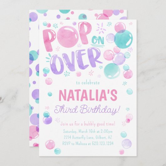 Pop op Over Bubbles Verjaardagsfeestuitnodiging Kaart (Voorkant / Achterkant)