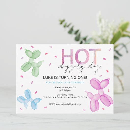 Pop op over felle ballonverjaardagsuitnodiging kaart (Staand voorkant)