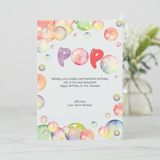 Pop op over! Zeepbellen Gelukkige verjaardag Feestdagenkaart (Staand voorkant)