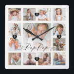 Pop Pop van het Geheugenraster van de Familie van  Vierkante Klok<br><div class="desc">Een mooi gepersonaliseerd geschenk voor je Pop Pop dat hij nog jaren zal koesteren. Met een moderne collage van dertien foto's om 13 van je eigen speciale fotoherinneringen weer te geven. "Pop Pop" ontworpen in een prachtige handgeschreven zwarte scriptstijl. Elke foto is gemaakt met een eenvoudig goudkleurig lijst. De eenvoudige...</div>