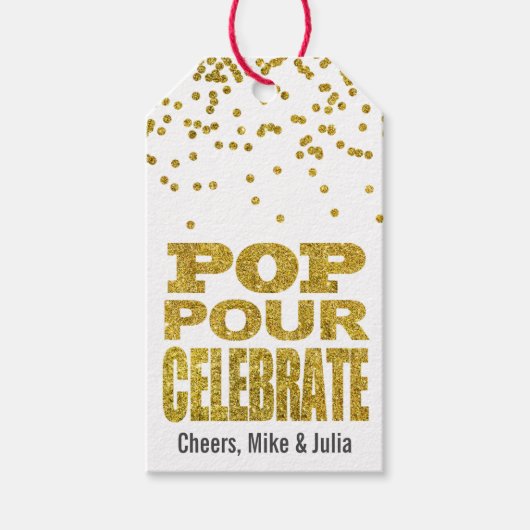 Pop Pour Celebrate Gold Faux Glitter Custom Wine Cadeaulabel (Voorkant)