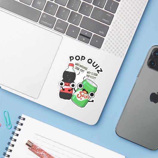 Pop Quiz Funny Soda Pop Pun Sticker (Laptop met iPhone)