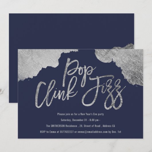 Pop rokt fizz script blue, New Years Eve Kaart (Voorkant / Achterkant)