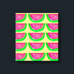 Pop roze watermeloenen op citroendoek canvas afdruk<br><div class="desc">Geïnspireerd door pop kunst,  is deze originele illustratie van de waterverf een ontwerp van schattige,  heup,  roze en groene watermeloen in een patroon op een pastelcitroengele achtergrond. Dit bizarre,  leuke fruitontwerp is helder en kleurrijk en zorgt voor een glimlach.</div>