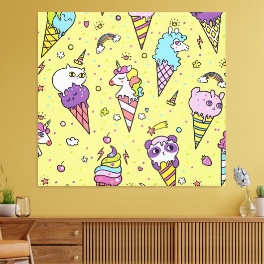 Pop Schattige Ice Cream: Dierenmotief Canvas Afdruk (Insitu (Woonkamer))