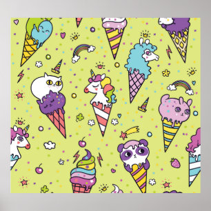 Pop Schattige Ice Cream: Dierenmotief Poster