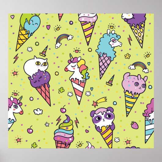 Pop Schattige Ice Cream: Dierenmotief Poster (Voorkant)
