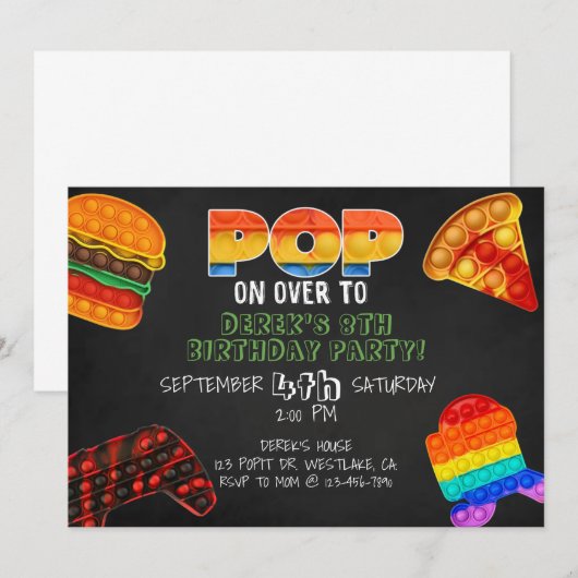 pop snap party, pop het feest, fidget party aankondiging (Voorkant / Achterkant)