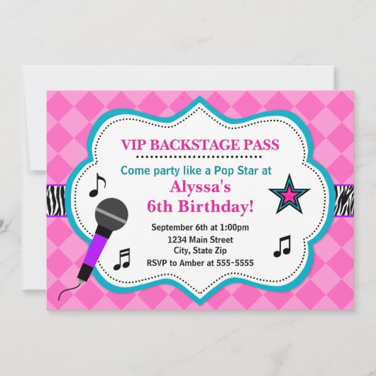 Pop Star Birthday Invitation Rock Star Girl Kaart (Voorkant)