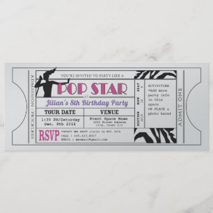 Pop Star Girls  Ticket Birthday Invite Kaart