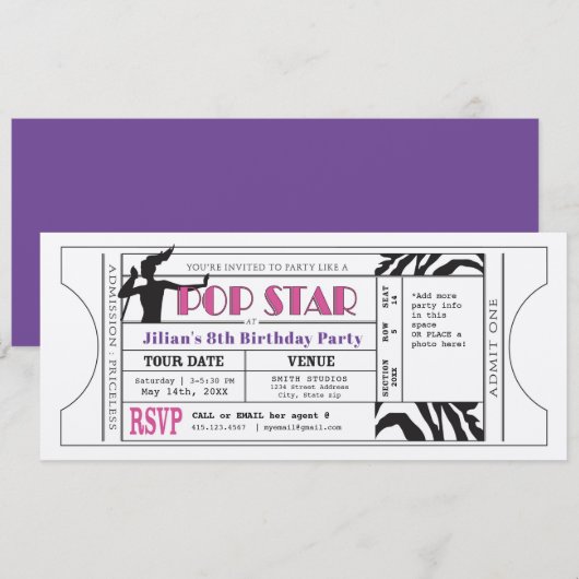 Pop Star  Party Ticket Kaart (Voorkant / Achterkant)