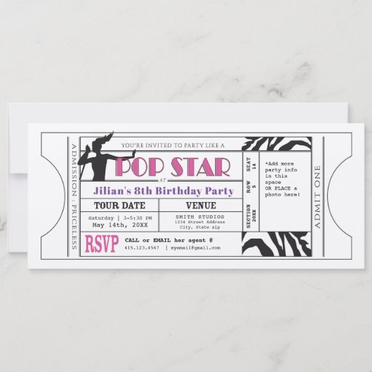 Pop Star  Party Ticket Kaart (Voorkant)