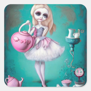 Pop Surrealisme geschilderde Alice & Theepot Vierkante Sticker