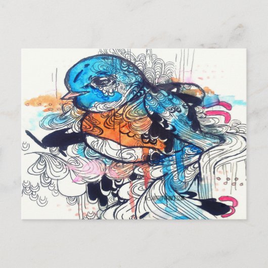 Pop surrealistische kunst kawaii - blauwe vogelkun briefkaart (Voorkant)