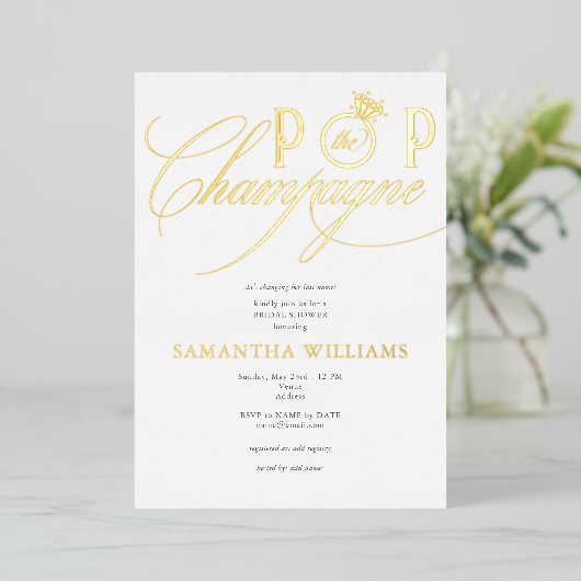 Pop van de Champagne Simple Script Vrijgezellenfee Folie Uitnodiging (Staand Voorkant)