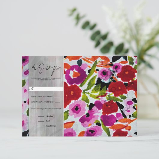 Pop van Vetgedrukte Kleur Inky Waterverf Flowers RSVP Kaartje (Staand voorkant)