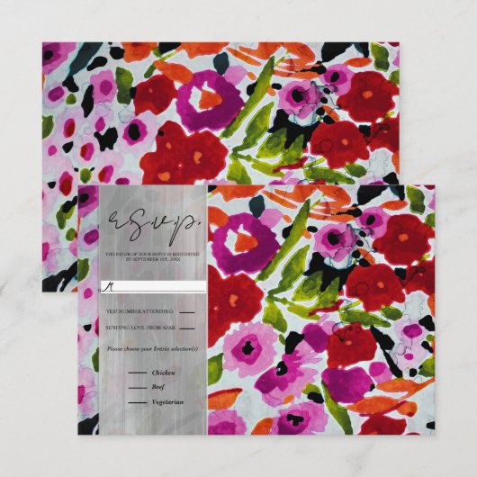 Pop van Vetgedrukte Kleur Inky Waterverf Flowers RSVP Kaartje (Voorkant / Achterkant)