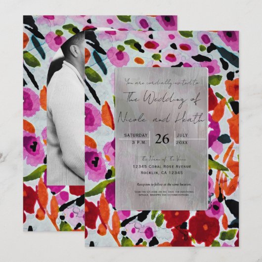 Pop van Vette Kleur Inky Waterverf Flowers Wedding Kaart (Voorkant / Achterkant)