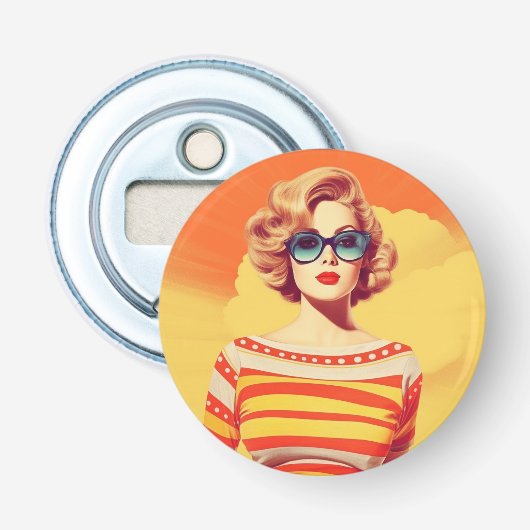 Popart-magneet, Retro geïnspireerd, Button Flesopener (Voorkant)