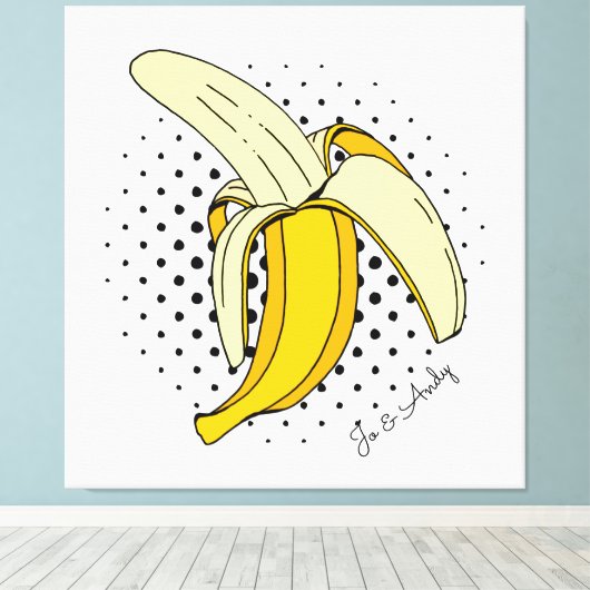 Popart Peeling Banaan Fruit op Halftone Stippen Canvas Afdruk (Insitu (Houten vloer))