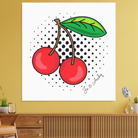 Popart Rode Kersen op Halftone Stippen Canvas Prin (Insitu (Woonkamer))