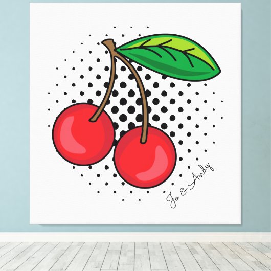 Popart Rode Kersen op Halftone Stippen Canvas Prin Afdruk (Insitu (Houten vloer))