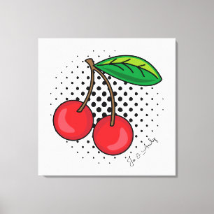 Popart Rode Kersen op Halftone Stippen Canvasprint Canvas Afdruk