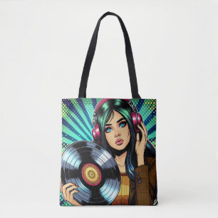 Popart stripfiguur met koptelefoon tote bag