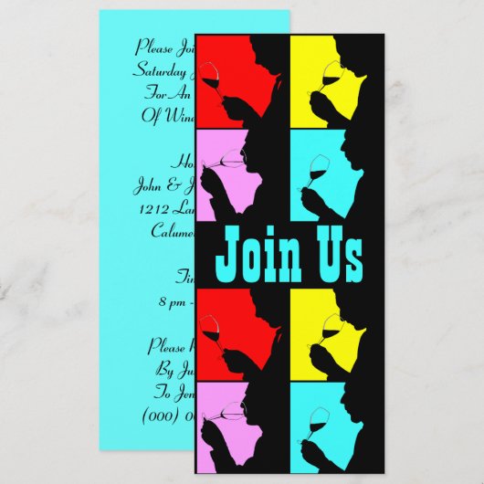 PopArt Wine Tasting Silhouette 4 Stappen Uitnodigi Kaart (Voorkant / Achterkant)