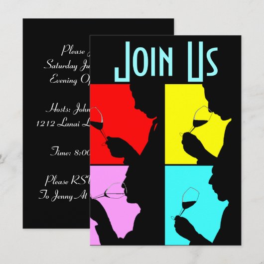 PopArt Wine Tasting Silhouette 4 Stappen Uitnodigi Kaart (Voorkant / Achterkant)