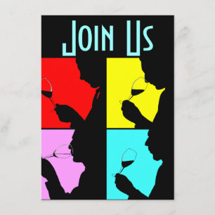 PopArt Wine Tasting Silhouette 4 Stappen Uitnodigi Kaart
