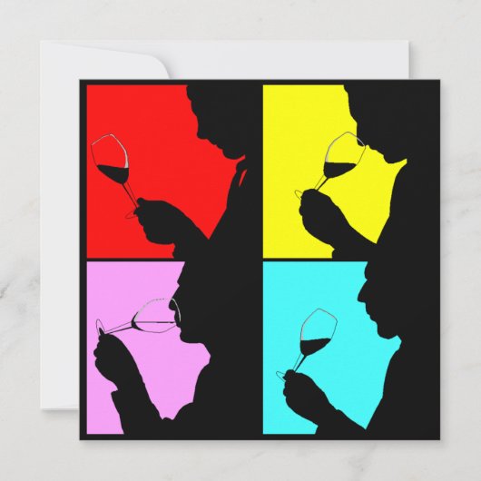PopArt Wine Tasting Silhouette 4 Stappen Uitnodigi Kaart (Voorkant)