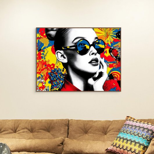 Popartvrouw met zonnebril canvas afdruk