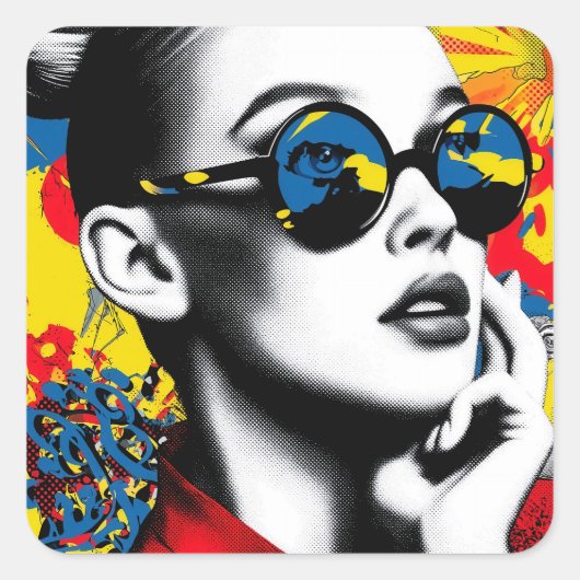 Popartvrouw met zonnebril vierkante sticker (Voorkant)