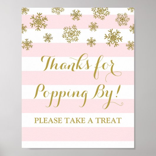 Popcorn Bar Bord Pink Strepen Gouden Sneeuwvlokken Poster (Voorkant)